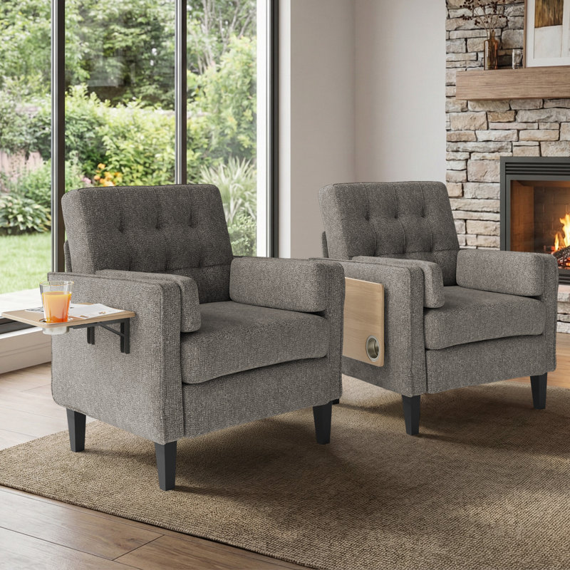 29" Wide Upholstered Solid Wood Accent Chair With Folding Side Table, Gray