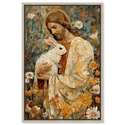 Jésus et lapin parmi les fleurs, art mural chrétien, toile encadrée, cadre blond, 20 x 30