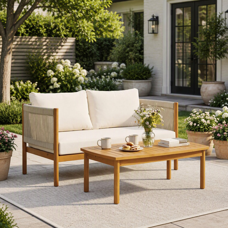 Ensemble canapé deux places et table basse d'extérieur en bois d'acacia durable, avec panneaux en corde tressée et coussins hydrofuges.