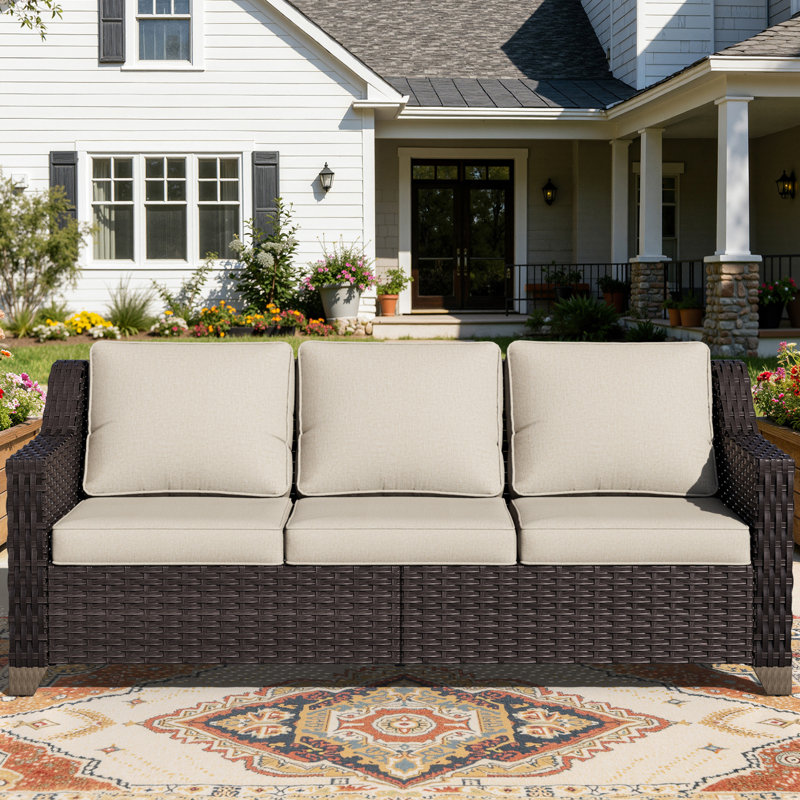 Aleira 77'' Wide Straight Wicker Patio Sofa with Cushions, Beige