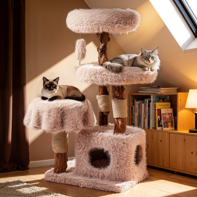 Arbre à chat en bois massif 47,6 po H avec condo et perchoir pour Maine Coons et maisons multi-chats