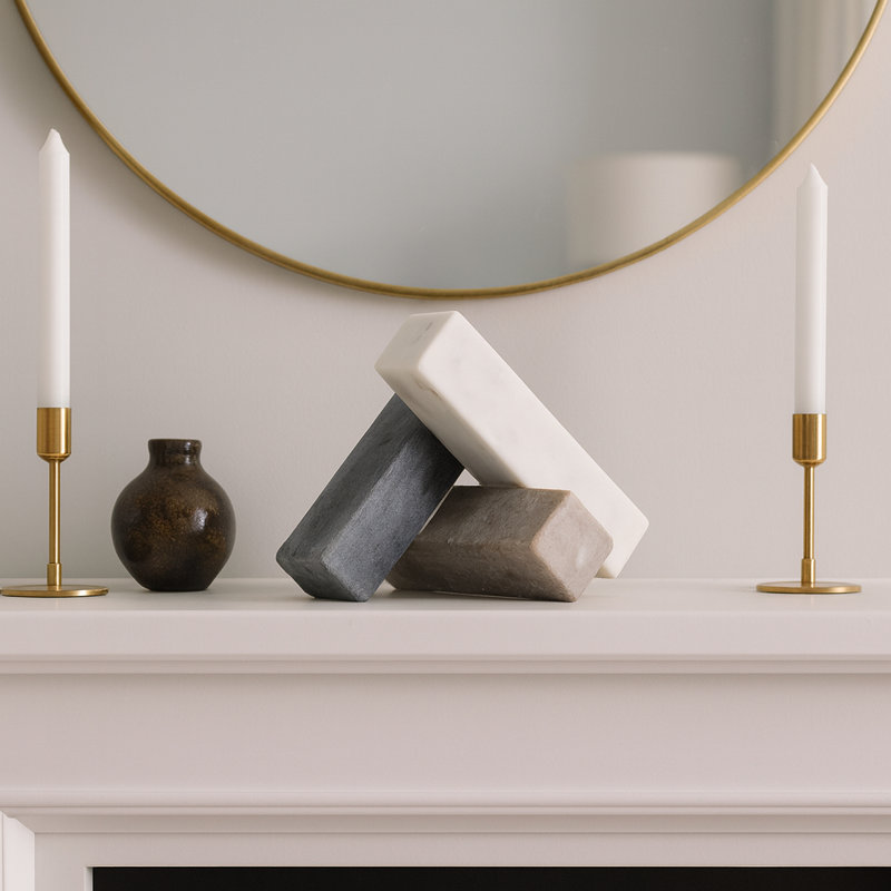 Modern Marble Jack Sculpture For Home Decor - Interlocking  Block Decorative Object For Living Room - Figurine And Statue Inspired Decor - 6", White & Tan