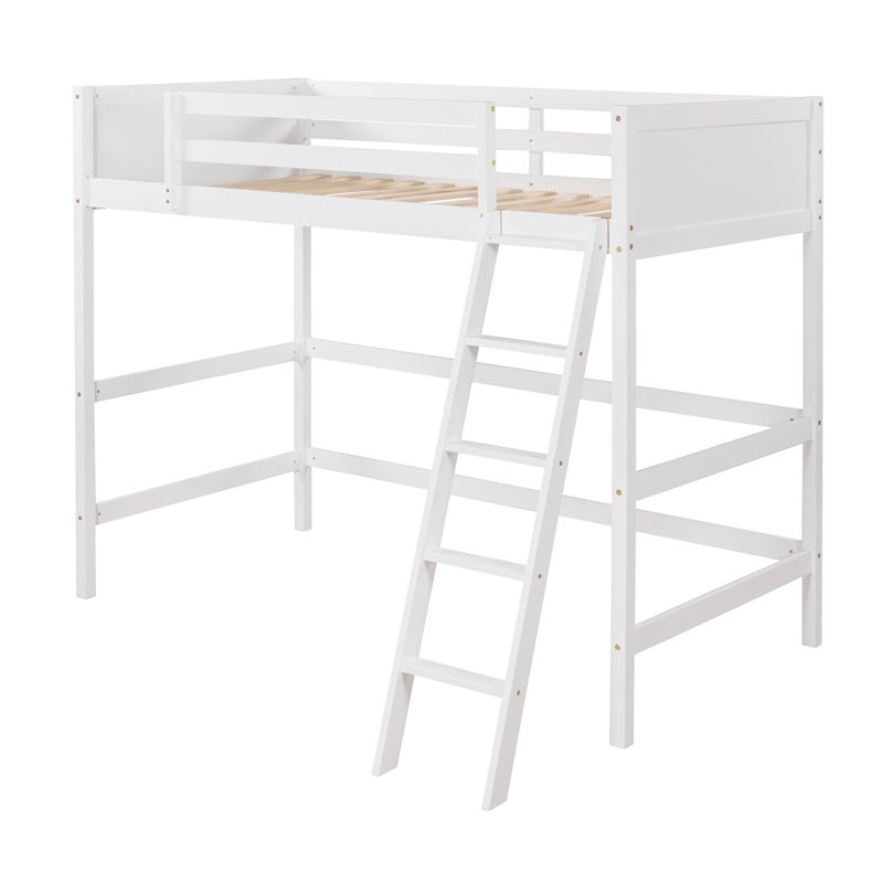 Lit mezzanine simple en bois massif blanc avec. And Build. Aucun sommier ni base requis. 14 lattes pour un soutien accru. Barrières de sécurité. 79,5 po x 41,8 po 67,5 po. Assemblage requis - blanc. Fabrication