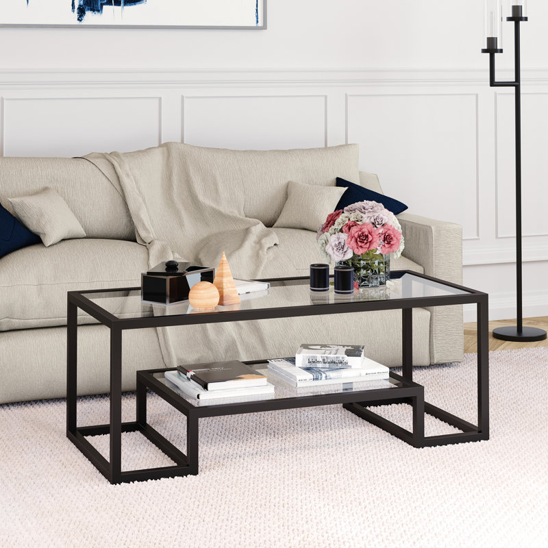 Athena Glass Top Coffee Table, Blackened Bronze, 17" H x 54" L x 24" W