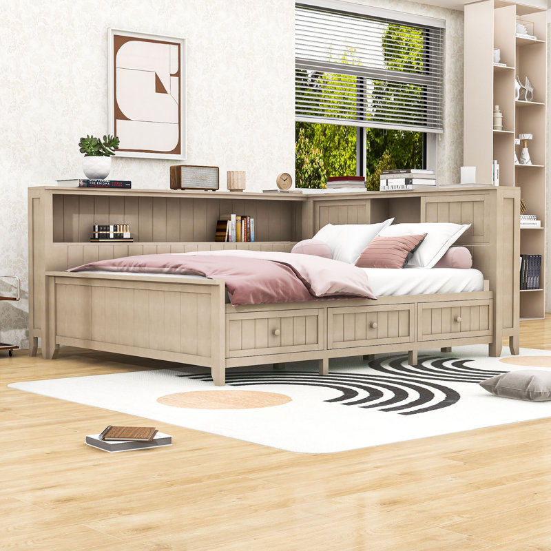 3 Drawers Wood Daybed with Shelves, Full