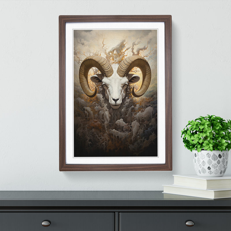 Ram Sheep Symbolism - Single Picture Frame Print on Wood, Walnut Framed, 34cm H x 25cm W x 2cm D