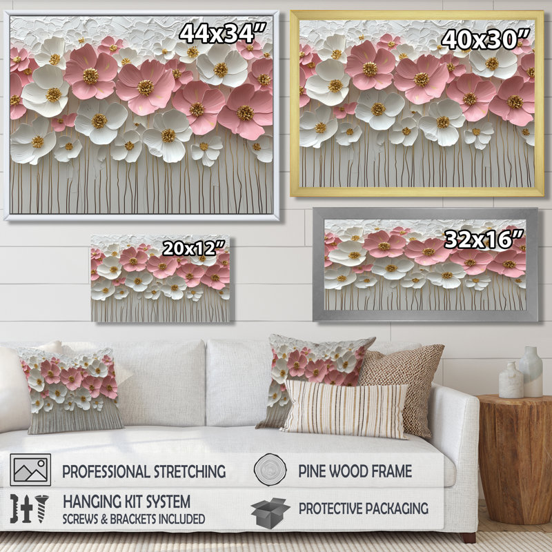 Isandro rose pastel crème de fleurs sauvages champ I - fleurs sauvages d'art mural, H 16 po x l 32 po, Toile tendue