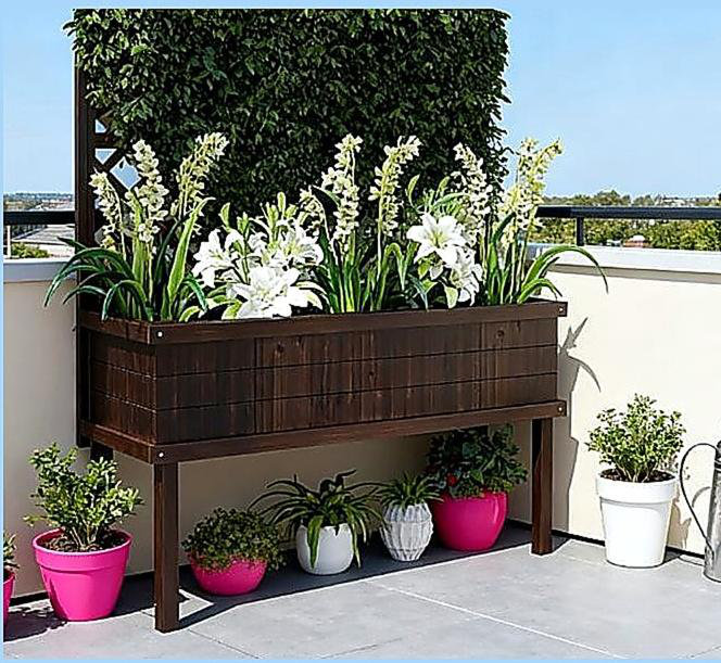 Raised Garden Bed,Elevated Wood Planter with Trellis for Climbing Plants,with Legs and Drainage Holes, Brown/Black