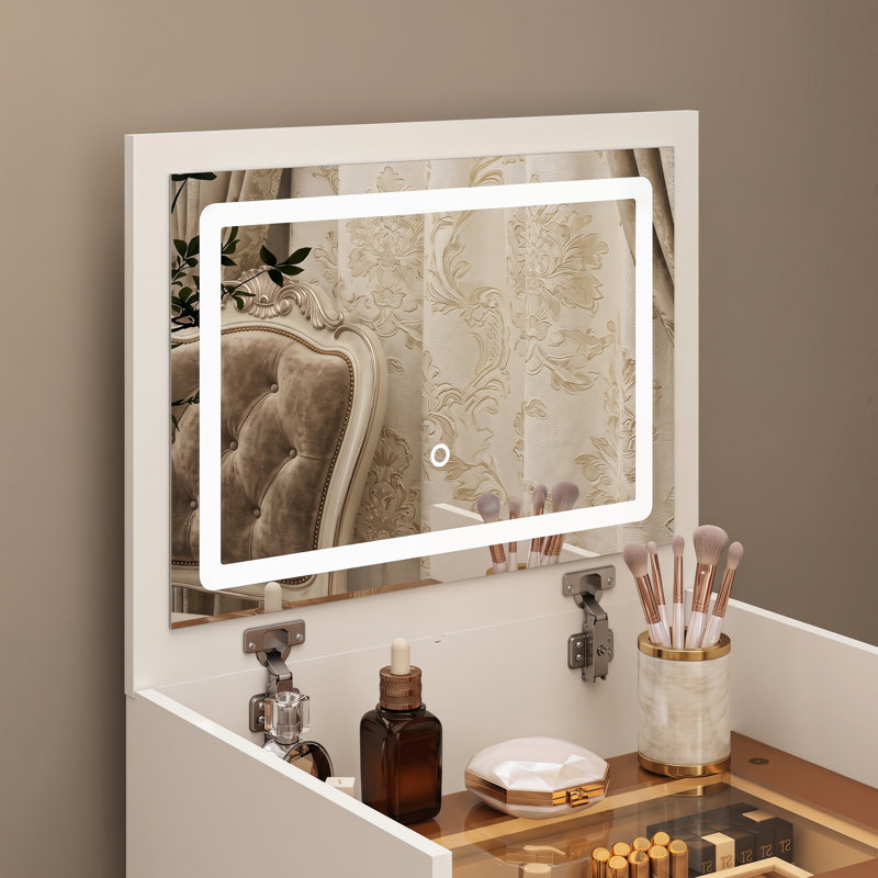 Coiffeuse avec tabouret, ensemble de coiffeuse 3 en 1 avec miroir HD, éclairage tricolore, tiroirs coulissants et tabouret de rangement caché
