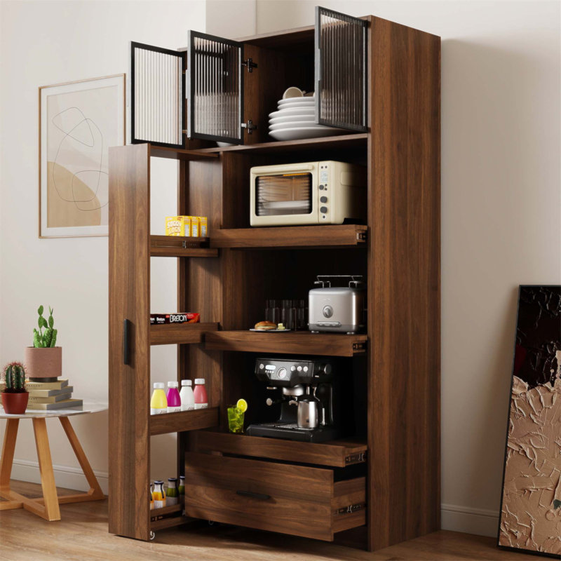70.87 Inch Tall Kitchen Pantry Cabinet With Multi-Functional Pull-Out Shelves, Drawer, And Aluminum Frame Glass Door For Dining Room