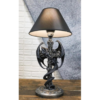 Gothic Faux Stone Dragon Perching On Celtic High Cross Sculptural Table Lamp