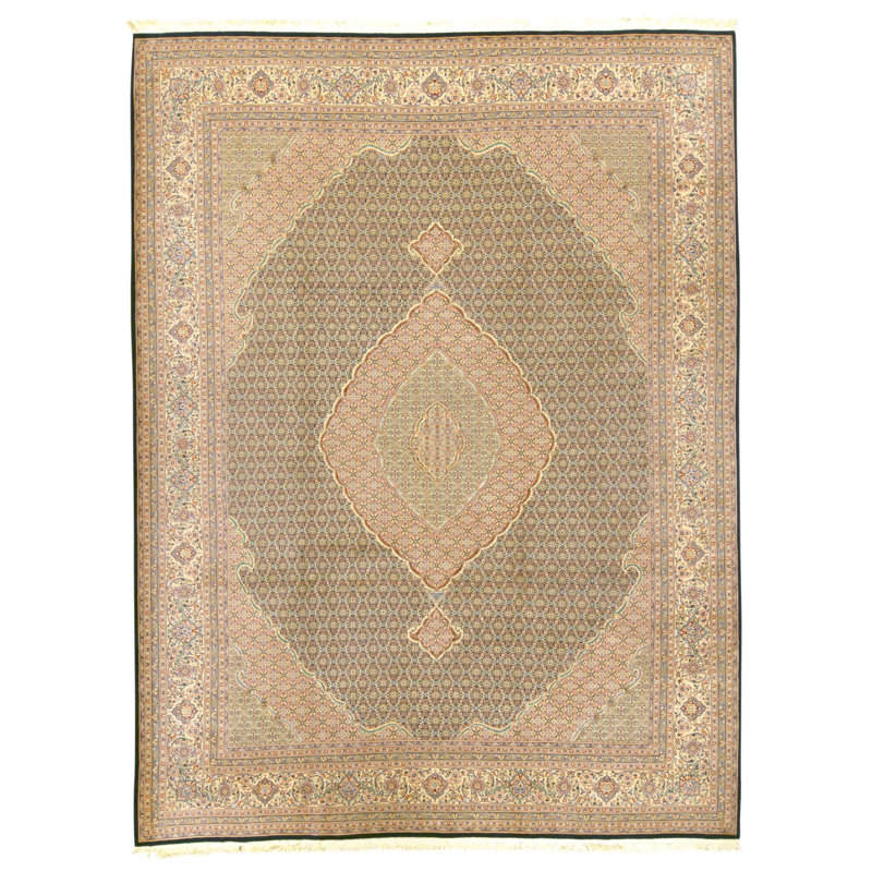 Tapis vert et beige noué à la main de haute qualité