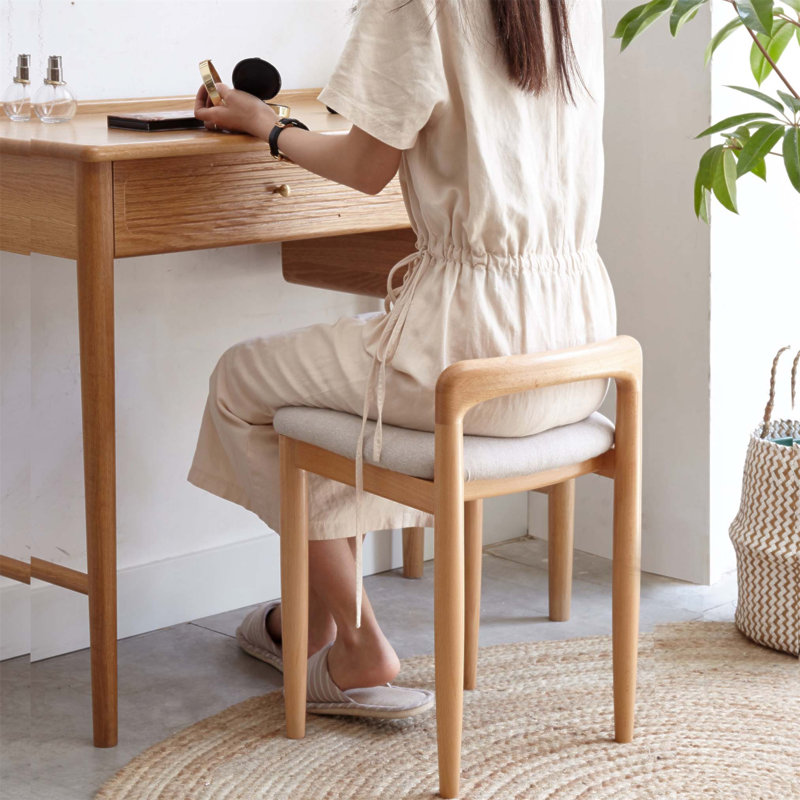 Natural Beech Wood Make-up Stool Bed Bench for Dining Room and Bedroom, Durable and Comfortable with Soft Linen Cushion