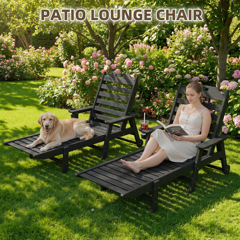 Oversized Outdoor Lounge Chair – HDPE All-Weather Chaise Lounge with 6 Positions, 500-LBS Capacity, Wheels, and Cup Holder for Deck, Poolside, or Backyard，Black