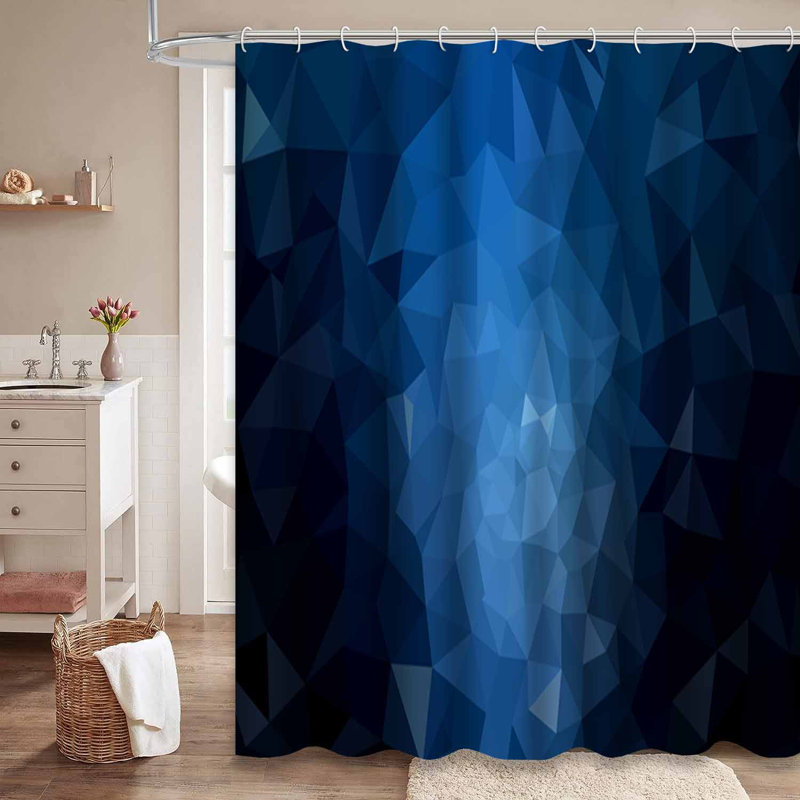 Dark Blue Triangle Geometric Origami Navy Shower Curtain with 12 Hooks, 72" L x 84" W