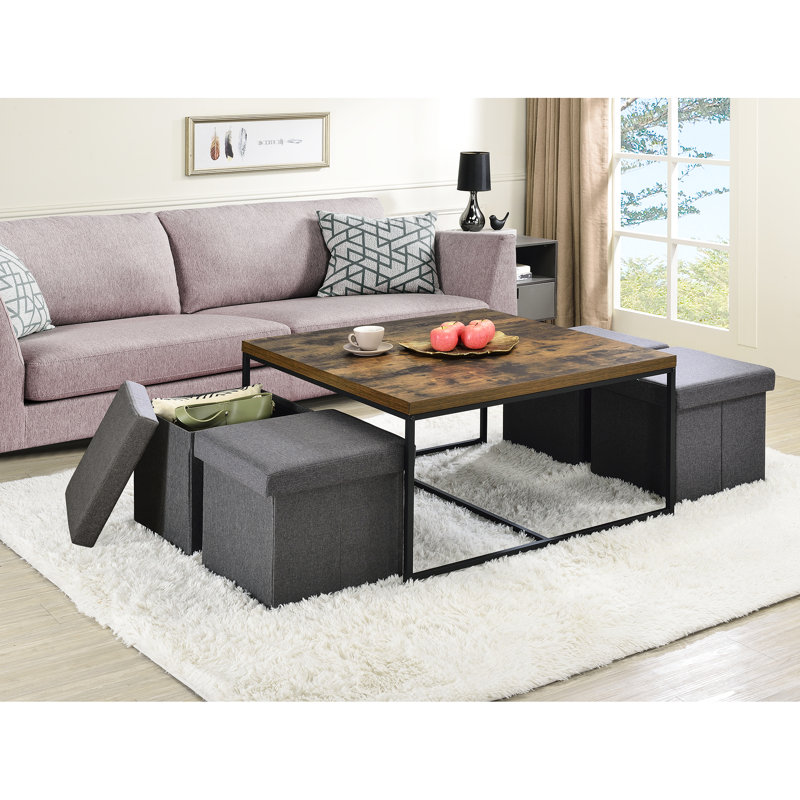 Table basse 35 po en grain de bois de chêne vieilli, 4 tabourets de rangement, plateau de table, base en métal noir, pieds réglables pour une fonctionnalité et une fonctionnalité incomparables, modèle 5, base épaisse de 1,41 po