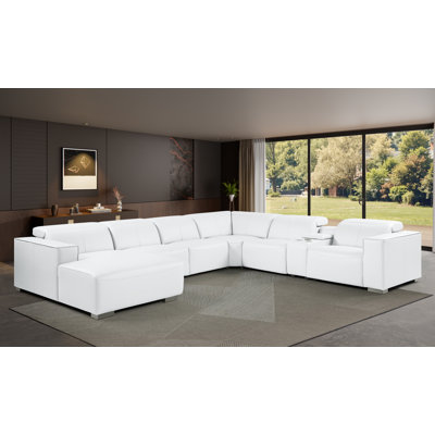 Canapé modulaire en L en cuir véritable 7 pièces WHITE avec 2 fauteuils inclinables électriques et appuis-tête réglables