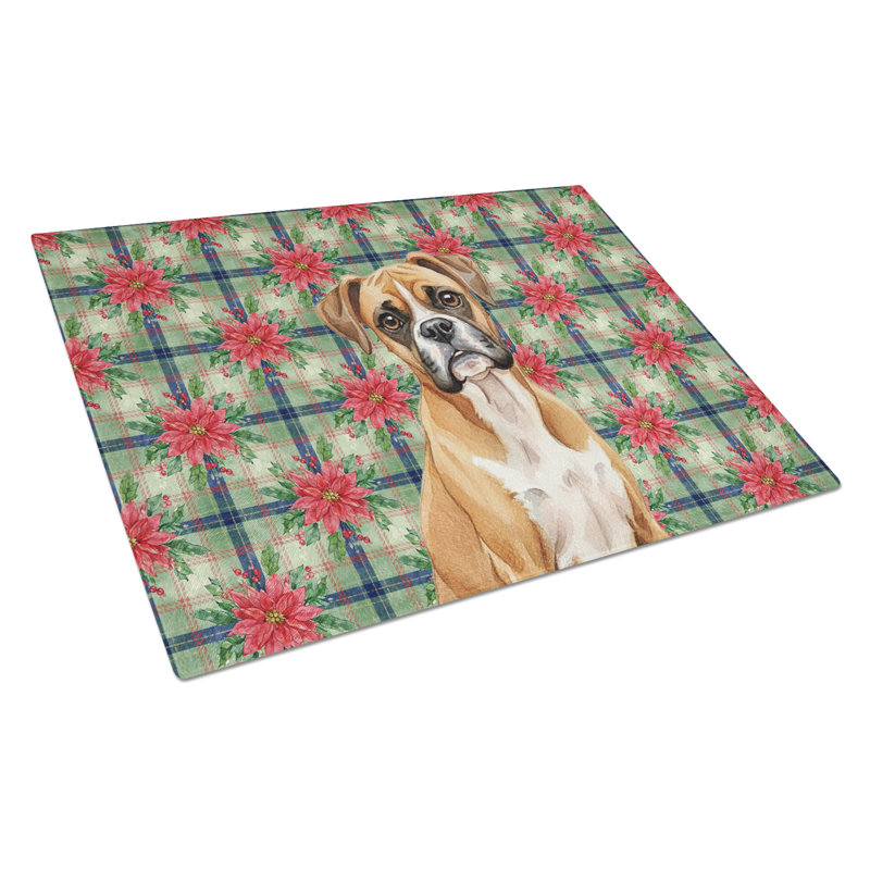 Boxer Christmas PoinsettIas Glass Cutting Board, Gold/White