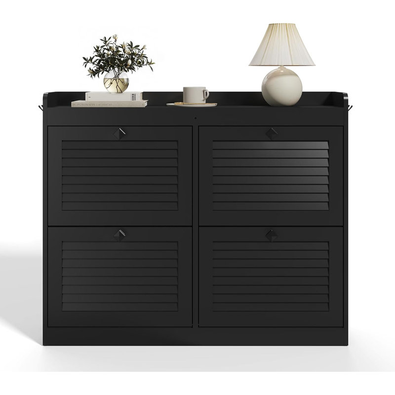 Hallway Large Shoe Storage Cabinet w/ 4 Flip Drawers, Freestanding Narrow Shoe Organizer w/ Hooks and Storage, Hidden Shoe Organizer