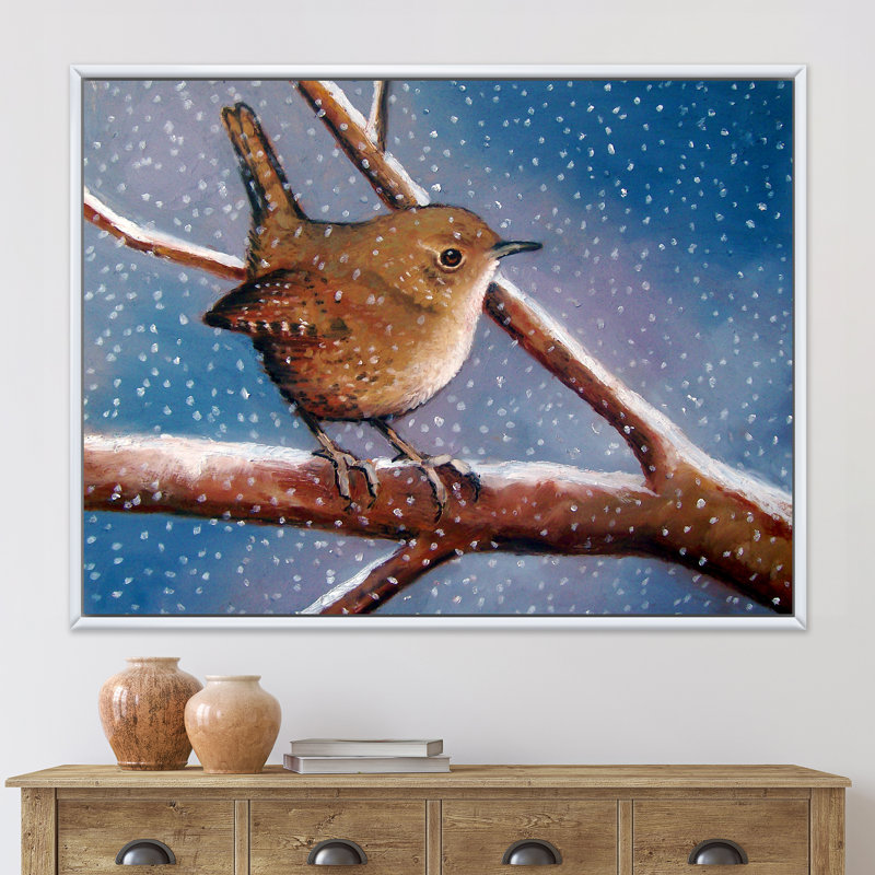 Wren en hiver - Peinture sur toile, H 24 po x l 32 po x P 1 po, Cadre blanc
