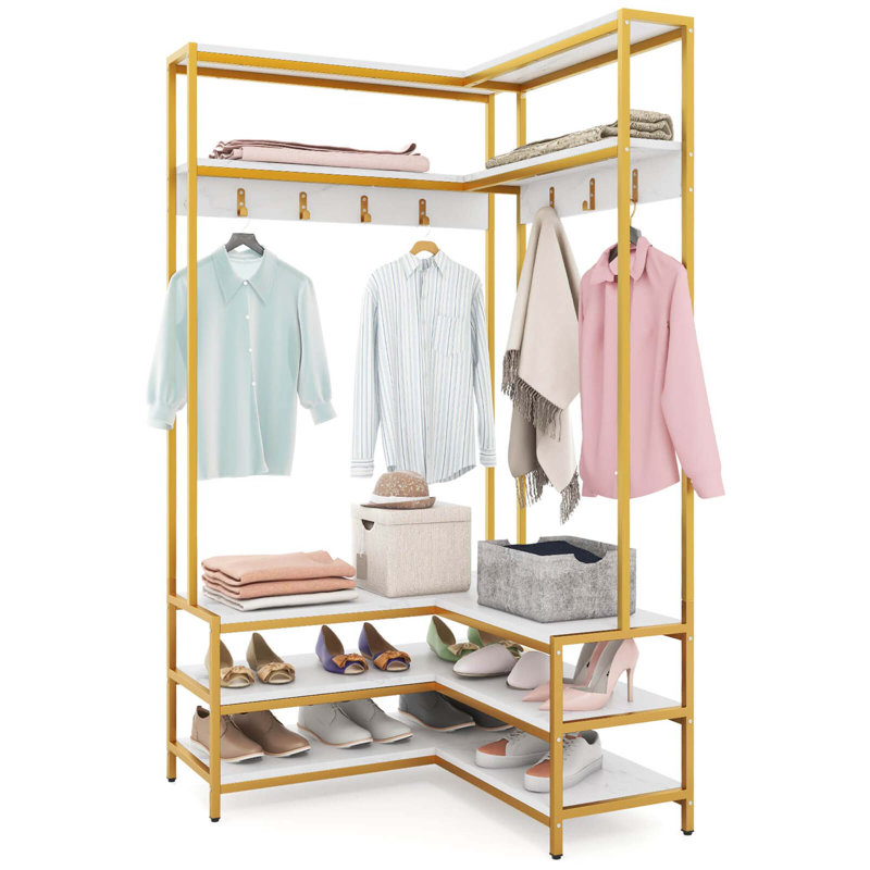 Porte-vêtements d'angle avec tablettes ouvertes et repose-pieds réglables blanc