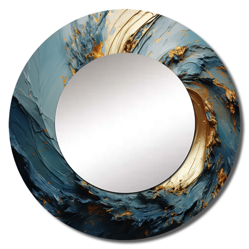 «Rihab» or et bleu vortex poteries - miroir mural décoratif spirales abstraites, miroir rond doré, art imprimé en métal