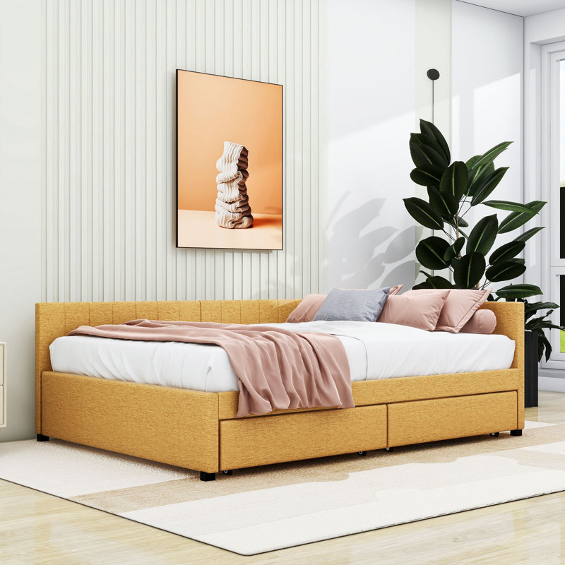 Full Upholstered Sofa Daybed with Drawers, Yellow