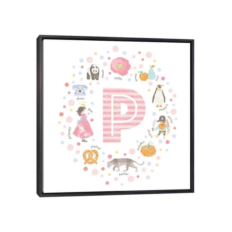 Lettre illustrée P rose - impression, H 37 po x l 37 po x P 1,5 po, Toile avec cadre noir patiné, Pas de tapis