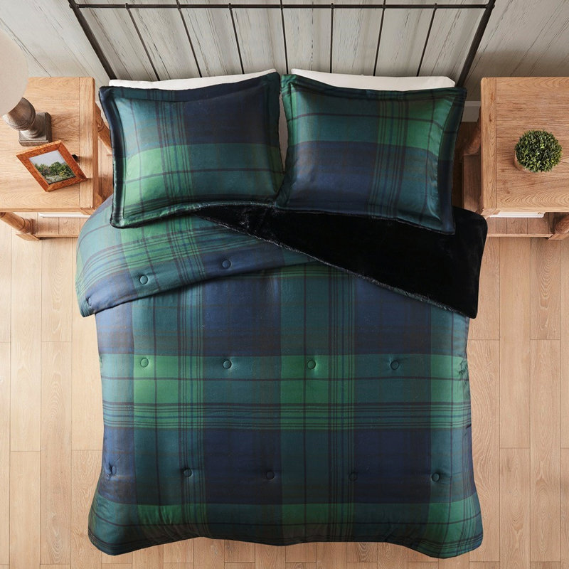Édredon multicolore en fausse laine à fourrure pour très grand / très grands lits avec détails - Inspiration écossaise, Vert
