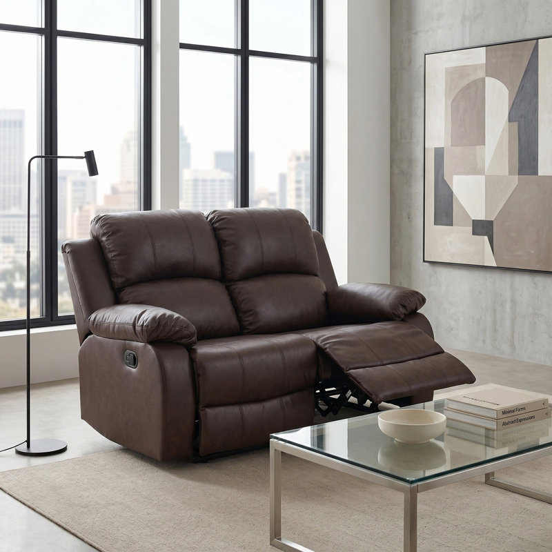 Brown Vegan Leather Manual Recling Loveseat, Brown