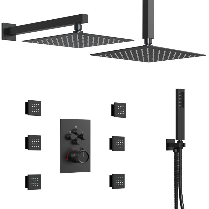  Thermostatic Dual Showerheads System, 12" High-Pressure Rainfall Shower Faucet with Handheld Spray and Body Jet, Matte Black