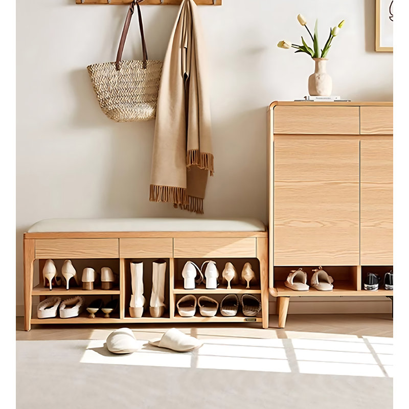 Banc à chaussures rembourré avec tiroirs et tablettes