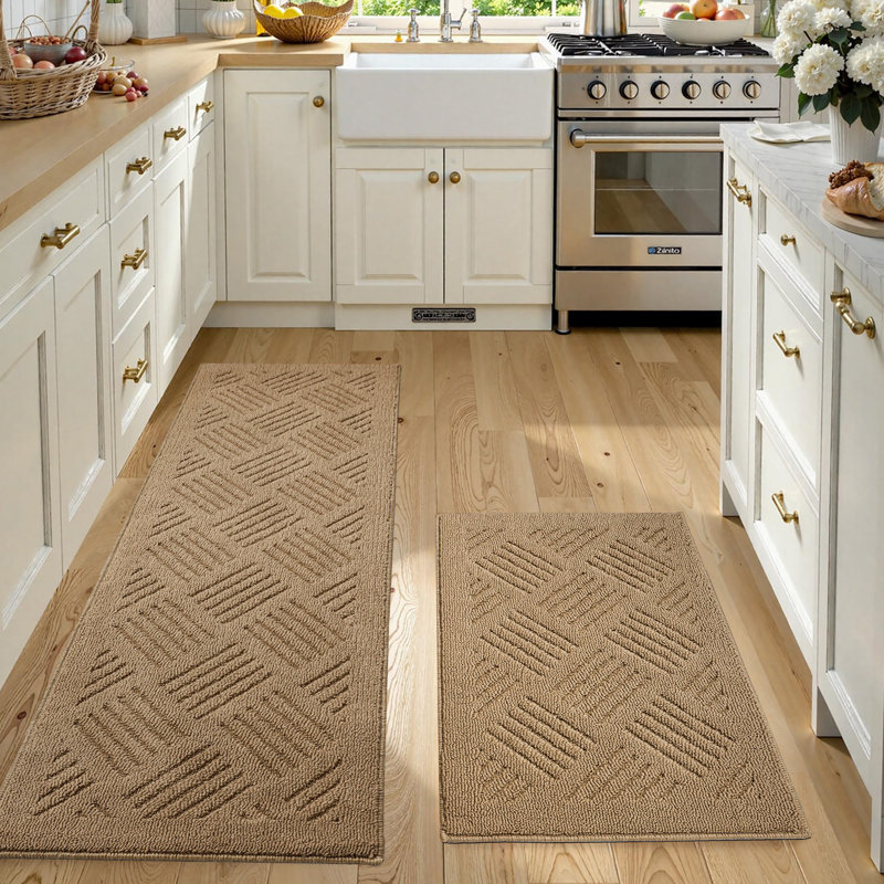 Kitchen Mats 2-Piece Non Slip,Absorbent Dirt-Resistant Machine Washable Rug for Laundry,Entry, Khaki