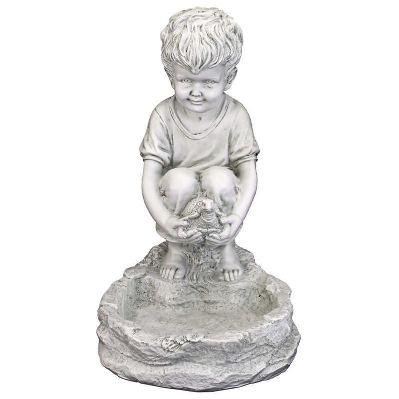 Statue Boy Holding Turtle Bird Bath