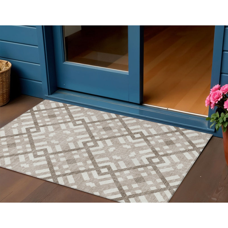3' X 5' Taupe Brown And Ivory Geometric Washable Indoor Outdoor Area Rug