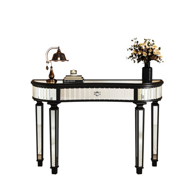 47" Half - Moon Mirrored Desk For Foyer Or Bedroom Vanity, Featuring Fluted Glass Panels And Crystal Knob, Built On A Reliable Hardwood Baseplate Vanity In Shape With Vertical Accent, Ideal Mid