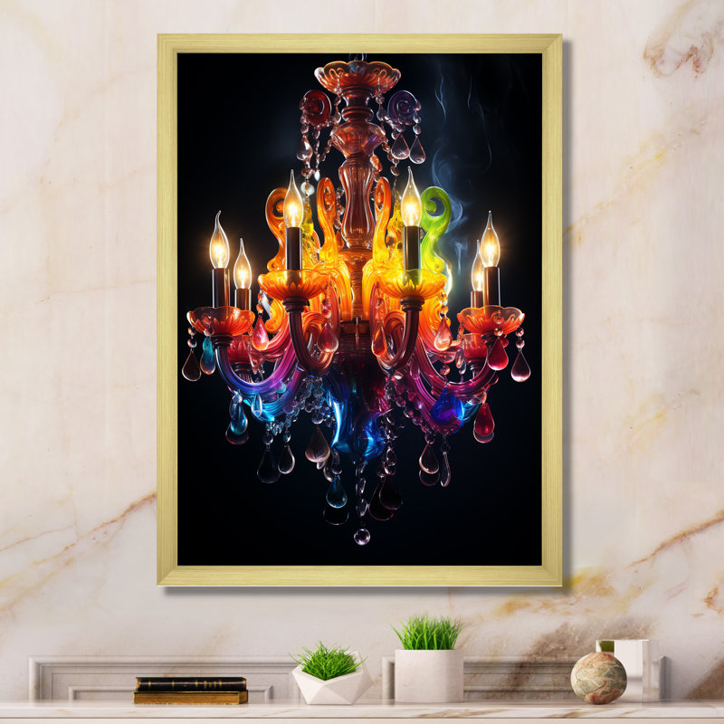 Luminaire élégant en cristal jaune - lustre, Encadrement doré, H 44 po x l 34 po x P 1,5 po