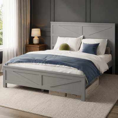 Queen Size Farmhouse Style Bed with Barn Door Headboard and Footboard, Solid Pinewood Strengthened Frame with Sturdy Slat Support, Spacious Under-Bed Storage, Durable Platform Bed