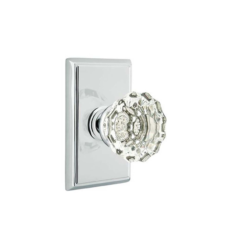 Ensemble de faux boutons Emtek avec rosette rectangulaire et poignée en verre Astoria, Chrome poli