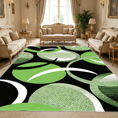 1PC Modern Abstract Geometric Circle Green Black Pattern area rugs for Living Room, Soft and Comfortable, easy-to-maintain, machine washable Indoor floor mat, Under Table Farmhouse suitable for Dining Room, Bedroom, Hallway, Kitchen, Patio, Entryway.
