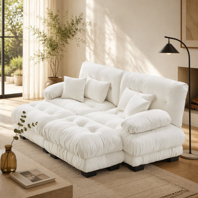 Comfortable Chenille Sofa with Multiple Pillows and Ottomans for Living Room
