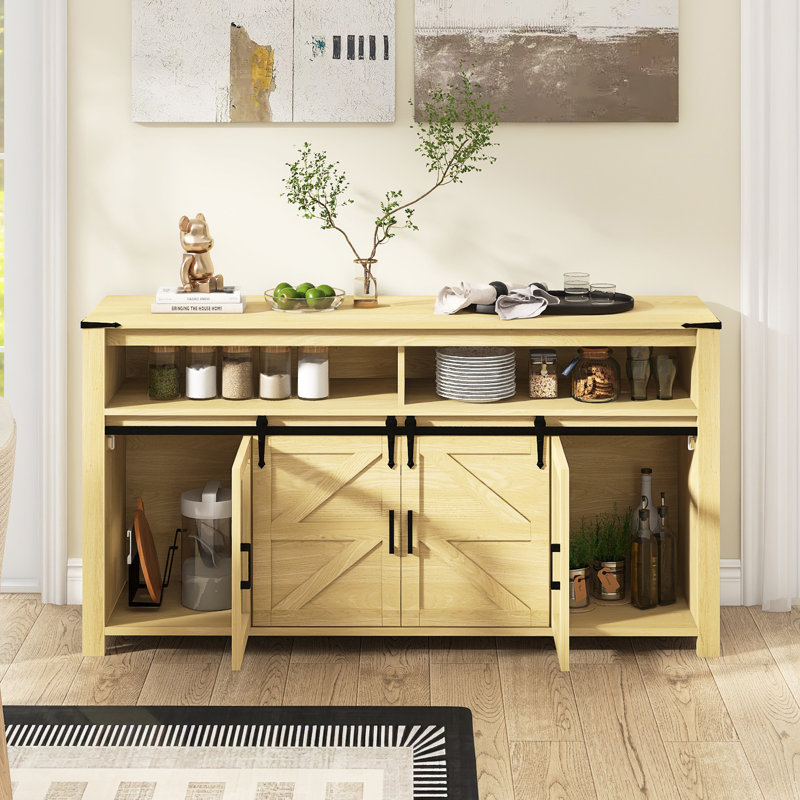 59.3" W Mordern Sideboard With Sliding Barn Door,Adjustable Shelves, Natural