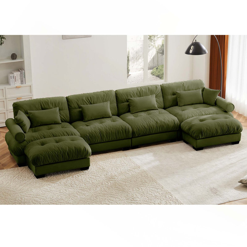 Canapé modulaire en U à 4 places avec 2 repose-pieds et coussins pour un salon confortable et polyvalent, Vert olive