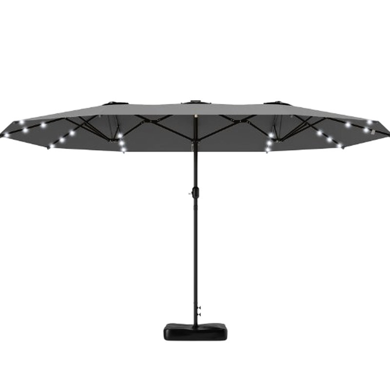 Grand parasol double avec 36 lumières solaires à DEL, double auvent pour abat-jour, 12 nervures et structure en acier, manivelle facile, acier gris, dimensions de 14,4 pi x 8,4 pi 7,9 po, base de parasol à DEL incluse