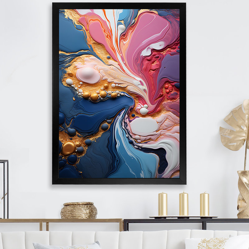 Trippy rose bleu abstrait, encre liquide I - encre liquide abstraite, art mural, Cadre flottant noir