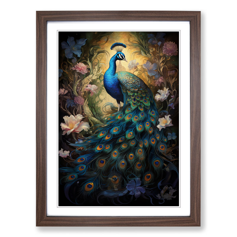 Peacock Baroque Framed Print, 64cm H x 46cm W, Walnut Framed
