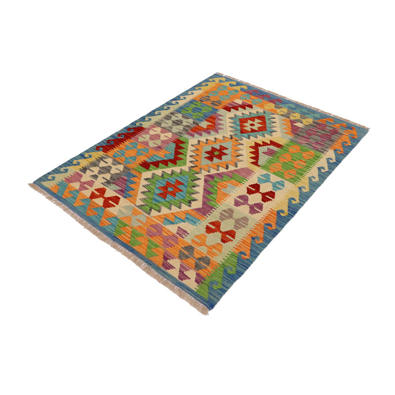 Tapis bleu / rouille / gris / beige en laine noué à la main Kaukauna