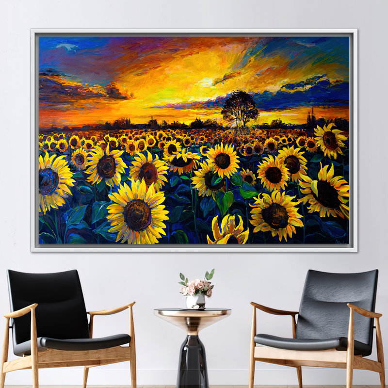 «Sunset Over Sunflower Field: Vibrant Nature», art sur toile pour la décoration intérieure, H 22 po x l 30 po, Blanc