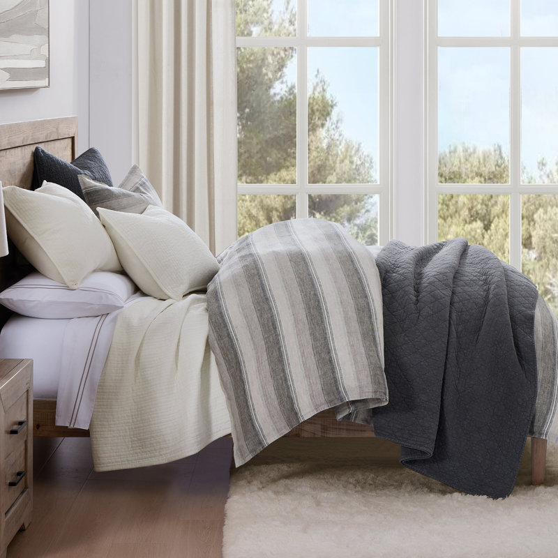 Queen Charcoal and Natural Linen Variegated Stripe Duvet Cover Set
