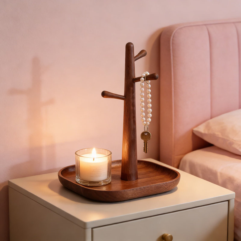 Porte-clés en bois de noyer fait à la main et organisateur de bijoux avec plateau, décoration d'entrée en forme d'arbre pour clés, bijoux et articles essentiels